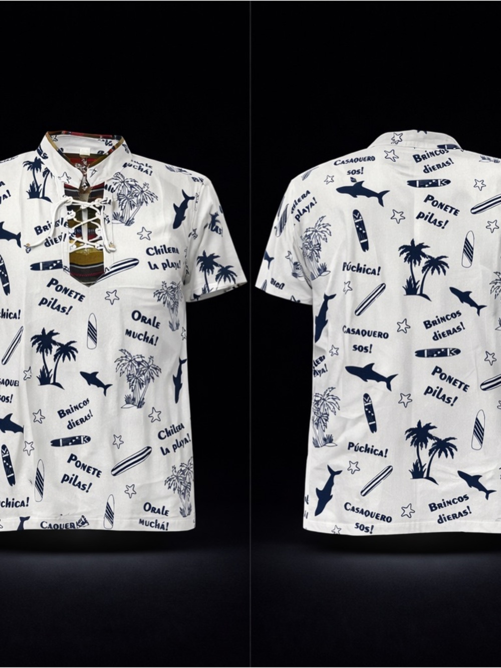 GUATEMALA Men’s White Short-Sleeve Graphic Lace-Up Casual Shirt with Navy Print